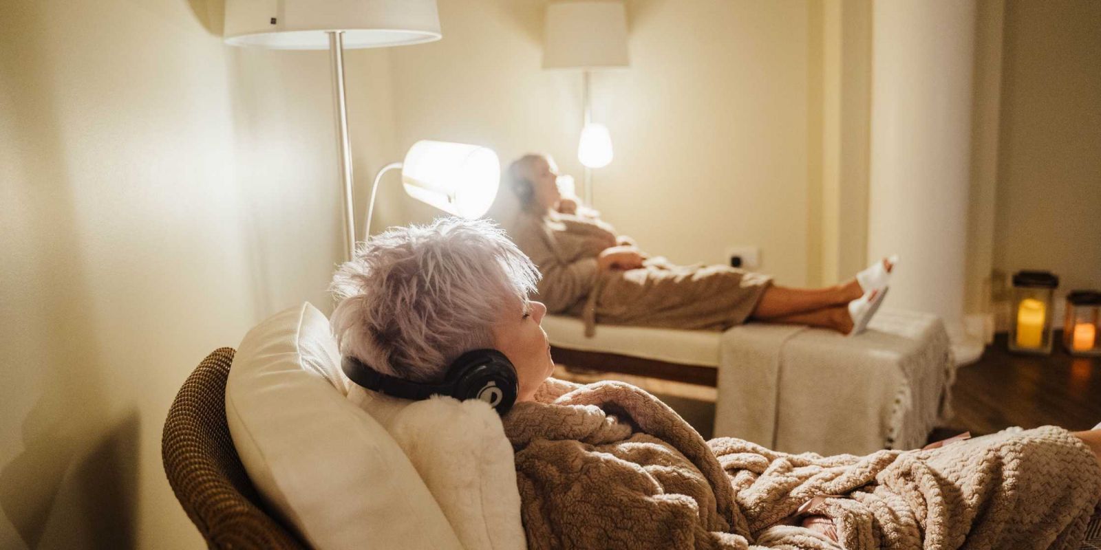 Relaxing with meditation headphones in seagrass wellbeing centre buncrana